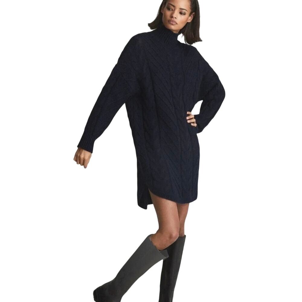 Reiss NWT Laura Cable Knitted Tunic Sweater Dress Navy Size S Mock Neck Wool